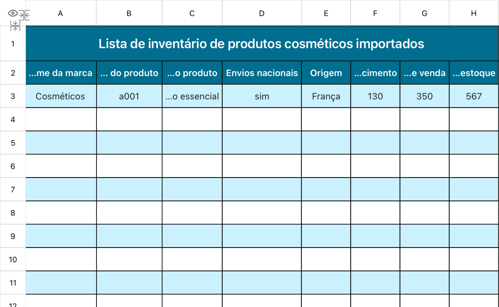 Lista de inventário de cosméticos importados